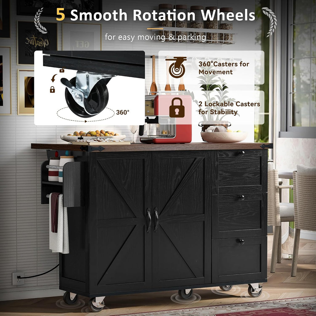 54.5' Farmhouse Kitchen Island with Power Outlet, Kitchen Storage Island with Internal Storage Rack, Drop Leaf, Spice Rack, Rolling Kitchen Cart on Wheels, for Home, Living Room and Dining Room,Black