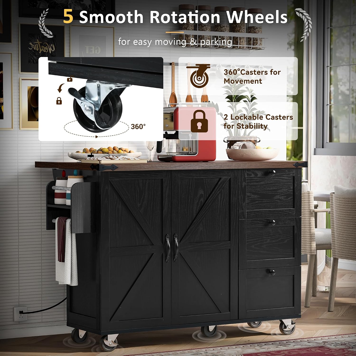 54.5' Farmhouse Kitchen Island with Power Outlet, Kitchen Storage Island with Internal Storage Rack, Drop Leaf, Spice Rack, Rolling Kitchen Cart on Wheels, for Home, Living Room and Dining Room,Black