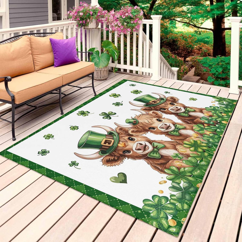 St. Patrick's Day Outdoor Rug for Patio/Deck/Porch, Non-Slip Large Area Rug 4 x 6 Ft, Cute Highland Cow Shamrock Gold Coin Green Indoor Outdoor Rugs Washable Area Rugs, Camping Rug Carpet Runner