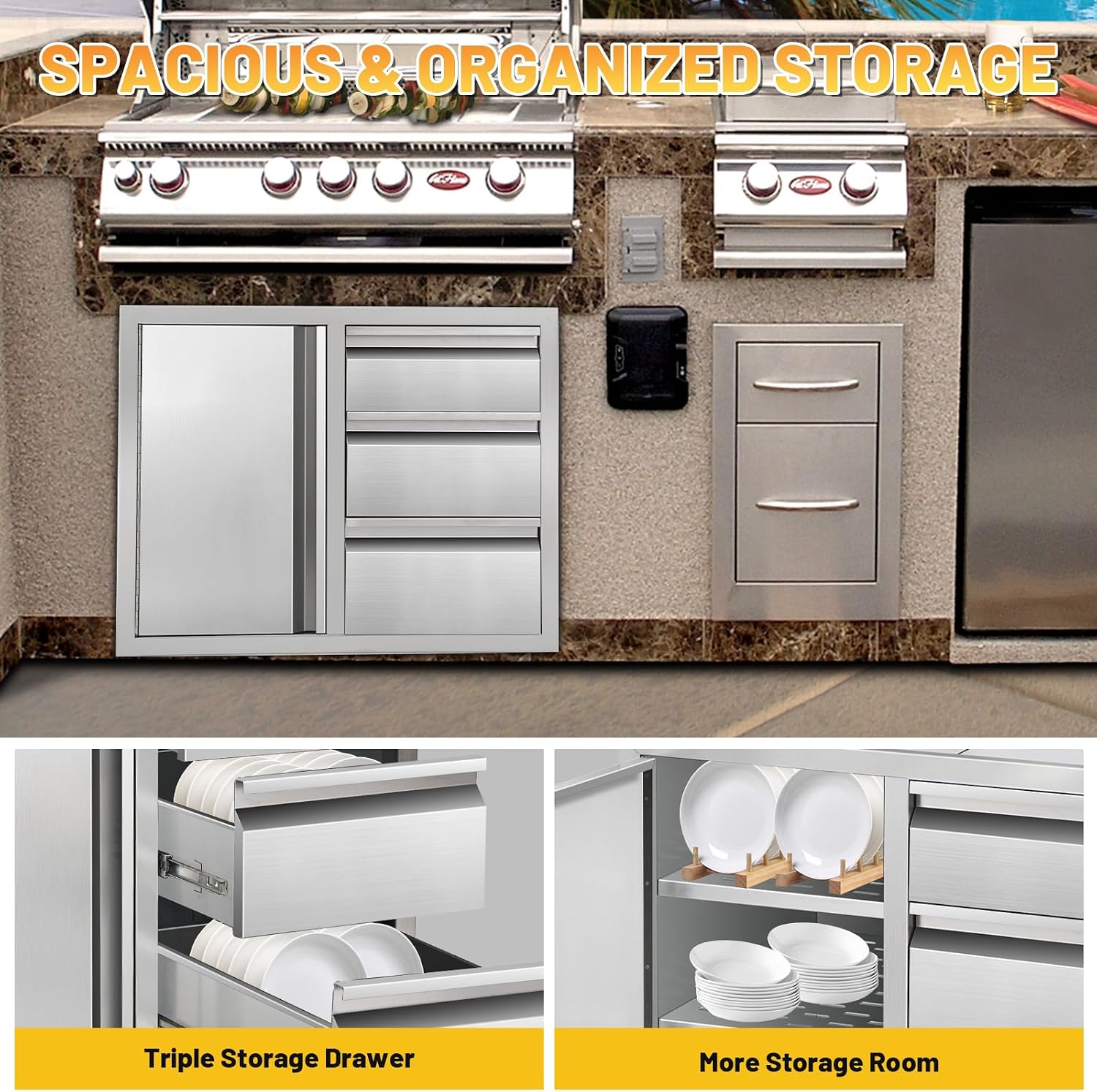 Outdoor Kitchen Drawer Combo Cabinet Stainless Steel Triple Drawers & Access Door, 28' W x 22' H x 19.5' D, Multi-Layer Design with Partition, Perfect for BBQ Grill Station