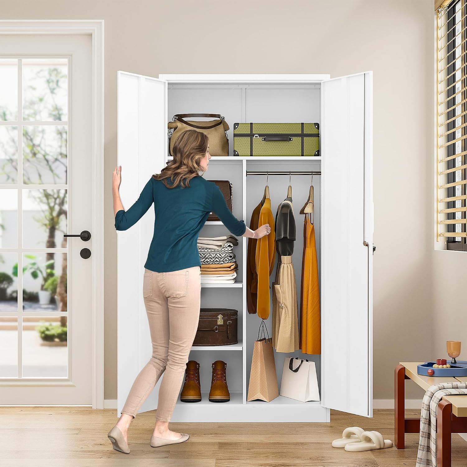 Wide & Deep Metal Storage Cabinet with Hanging Rod,White Broom Closet Storage Cabinet with Lock,72' Tall Wardrobe Cabinets with Doors and Shelves,Locking Steel Tool Cabinets for Home,Office,Garage