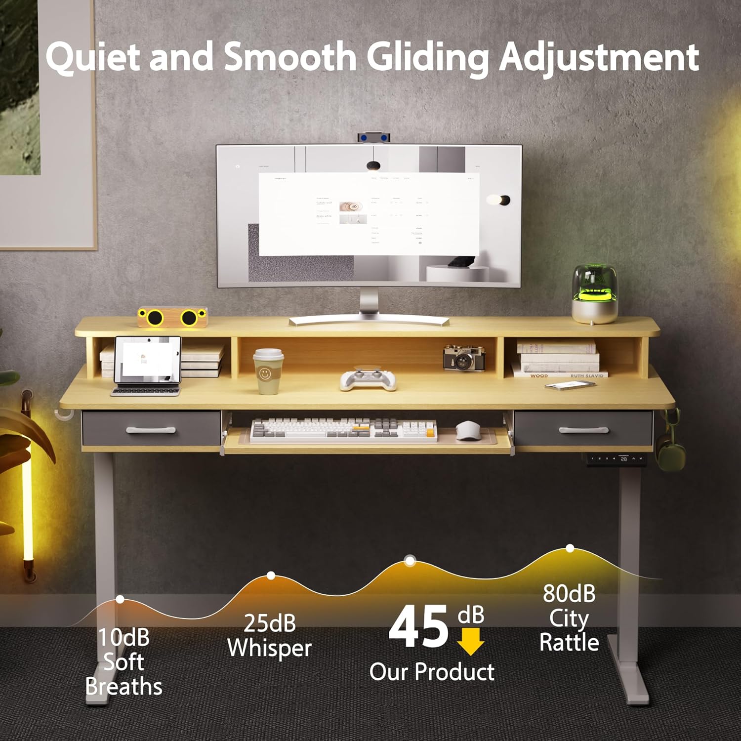 WALKINGDESK 55 Inches Electric Standing Desk with Keyboard Tray, Height Adjustable Sit to Stand Table with 2 Drawers, Ergonomic Home Office Desk with Storage Shelf, Computer Table, Oak