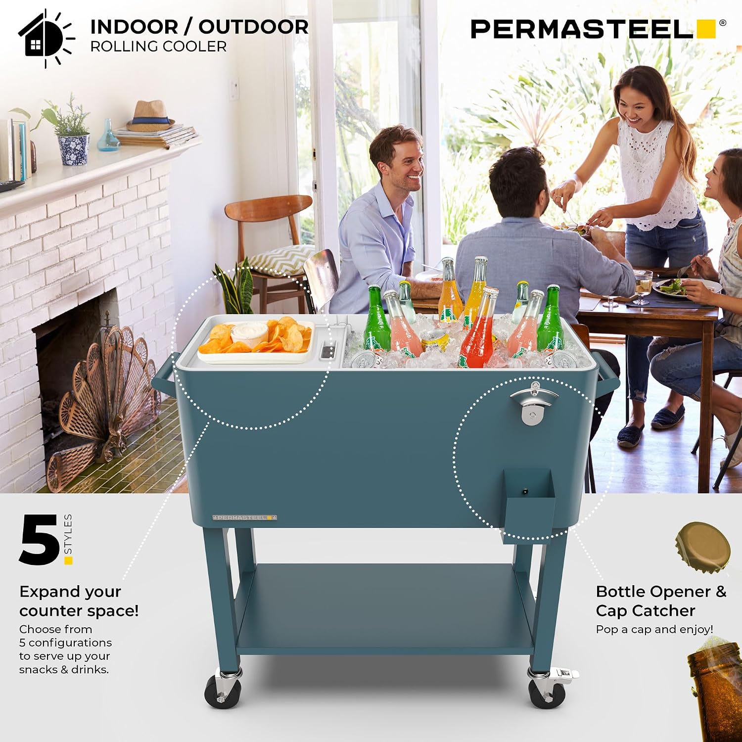 Permasteel Party Cooler with Divider, Removable Basin, Spacious 80-Qt Capacity, Chills 36hrs, Serving Tray, Rolling Ice Chest for Indoor & Outdoor