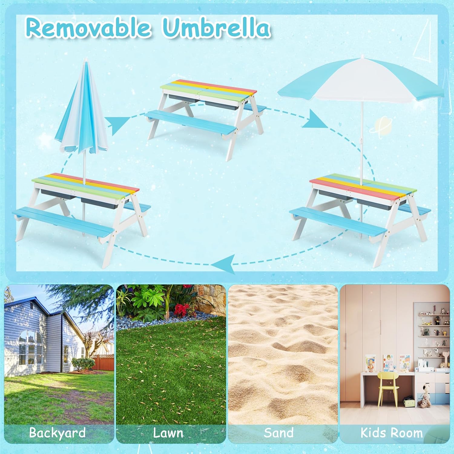 Costzon Kids Picnic Table with Sensory Bins, 4 in 1 Sand and Water Table with Height Adjustable Umbrella, Removable Tabletop for Outdoor Backyard Patio Play