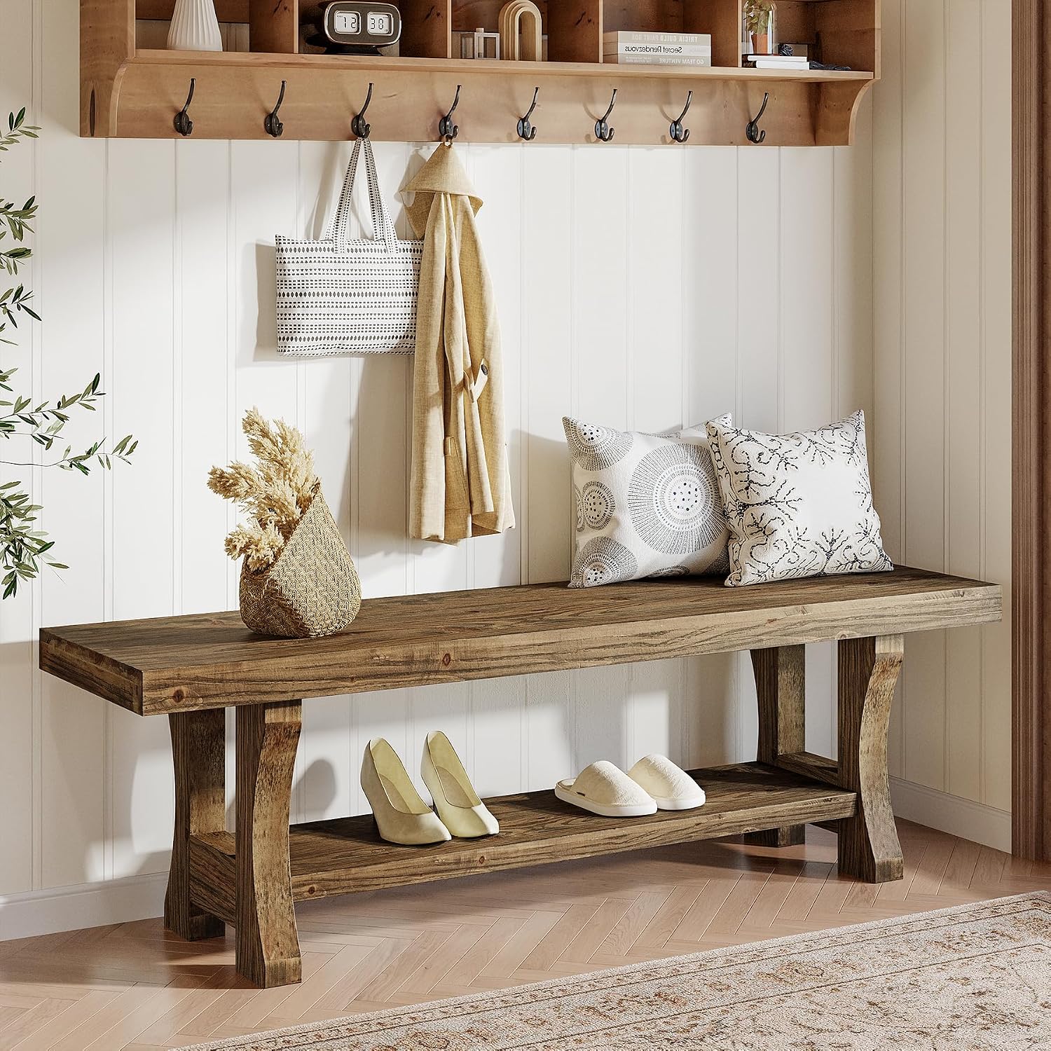 Solid Wood Entryway Bench, 55' End of Bed Bench, Long Indoor Dining Seat for Hallway, Bedroom, Living Room, Dining Room, Easy Assembly, Dark Brown