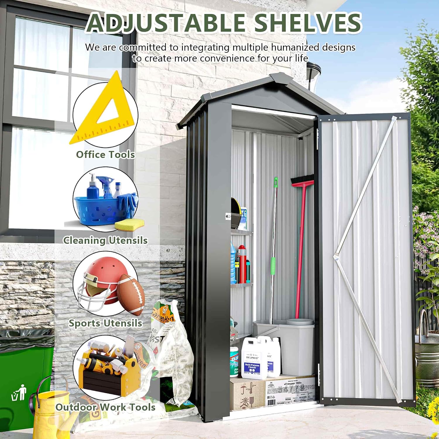 Small 2.5 × 1.4 FT Sheds & Outdoor Storage with Windows, Waterproof Metal Outside Storage Shed with Sturdy Frame, Utility Tool Shed for Backyard Garden — Dark Gray