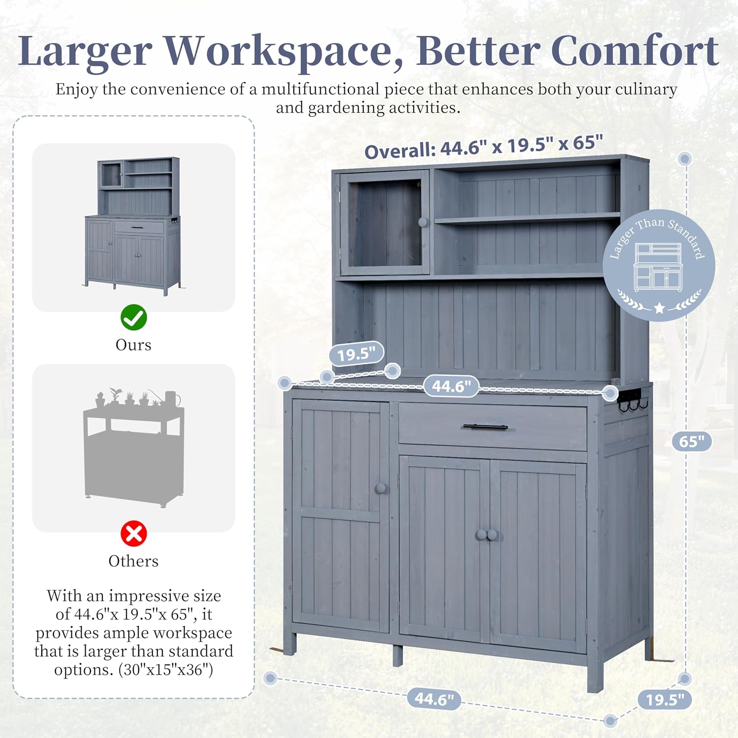 65' H Potting Bench with Hutch, Solid Fir Wood Patio Kitchen Island with Adjustable Shelves, 2-Tier Inner Spice Rack in Door, Side Hook and Drawer, Large Countertop, Magnetic Stoppers (Gray-115)
