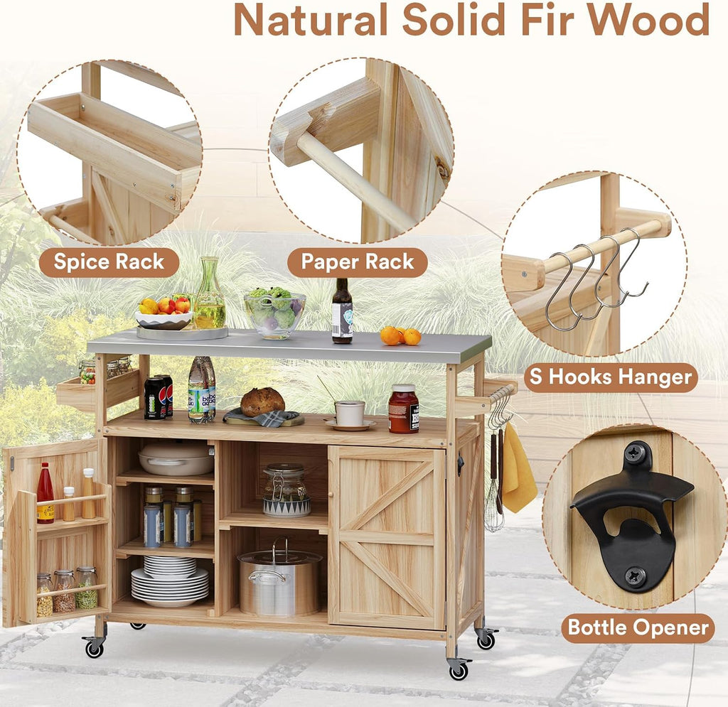Zevemomo Outdoor Grill Cart with Storage, Stainless Steel Tabletop Outdoor Kitchen Island, Solid Wood Outdoor Buffet Cabinet with Wheels for Grilling, Light Wood Color