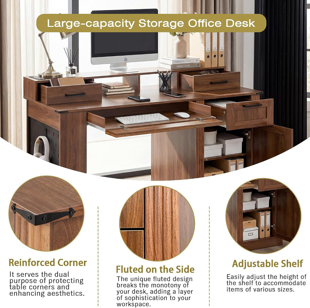 RiteSune 59.5' Farmhouse Computer Desk with USB Charging Station, Fixed Monitor Stand with Drawers, Keyboard Tray & File Cabinet, Home Office Writing Desk with Large Storage