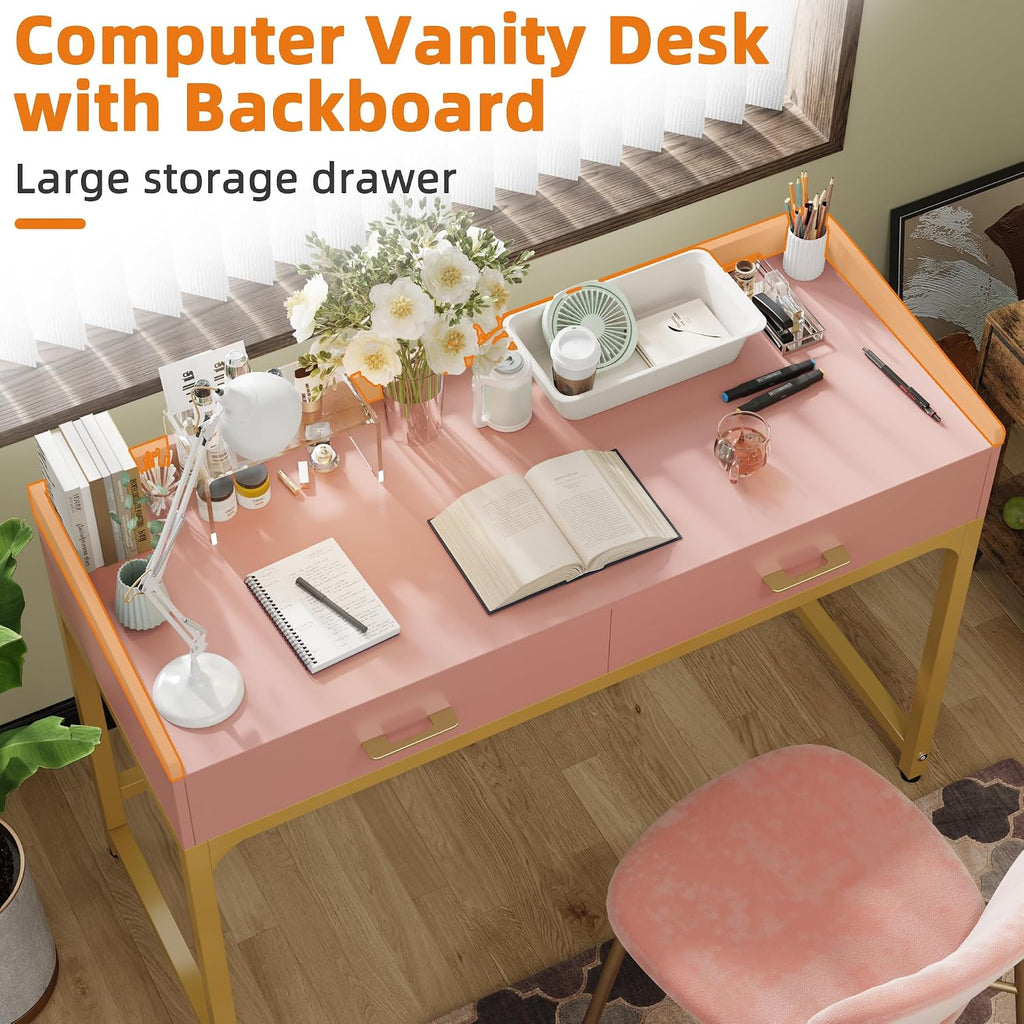 WESTREE Computer Gaming Desk Office - Study Writing Desk with Drawer for Teen, Bedroom Makeup Desk Home Office with Storage Shelf, Height Monitor Stand, Pink