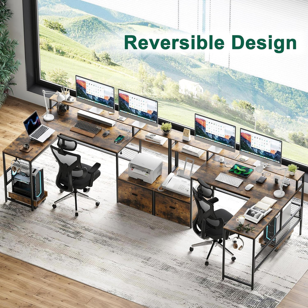 L Shaped Desk with Drawers, 66' Home Office Desk with Power Outlet and Led Strip, Reversible Computer Desk with Storage Shelves & Monitor Stand, Large Corner Desk Gaming Desk, Rustic Brown