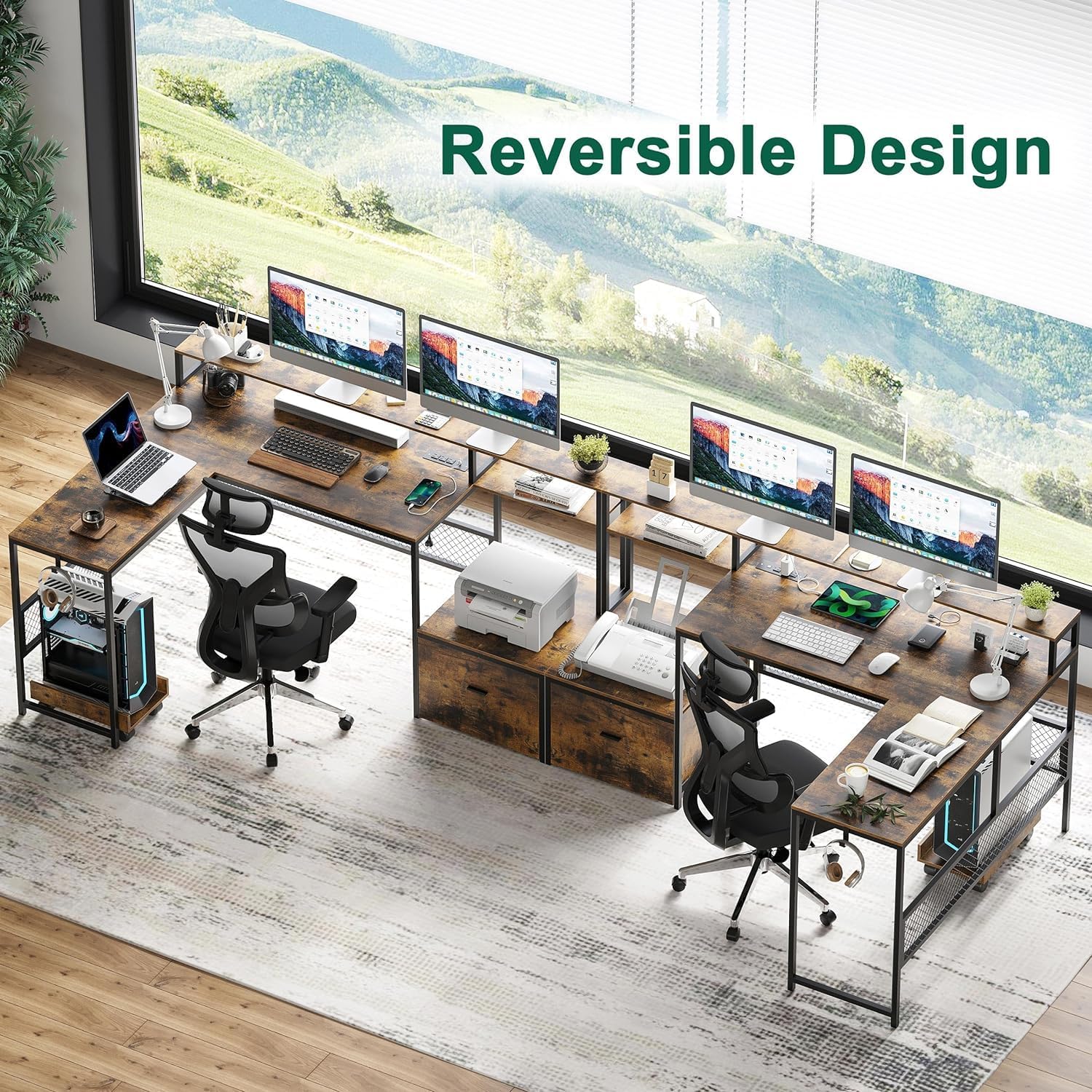 L Shaped Desk with Drawers, 66' Home Office Desk with Power Outlet and Led Strip, Reversible Computer Desk with Storage Shelves & Monitor Stand, Large Corner Desk Gaming Desk, Rustic Brown