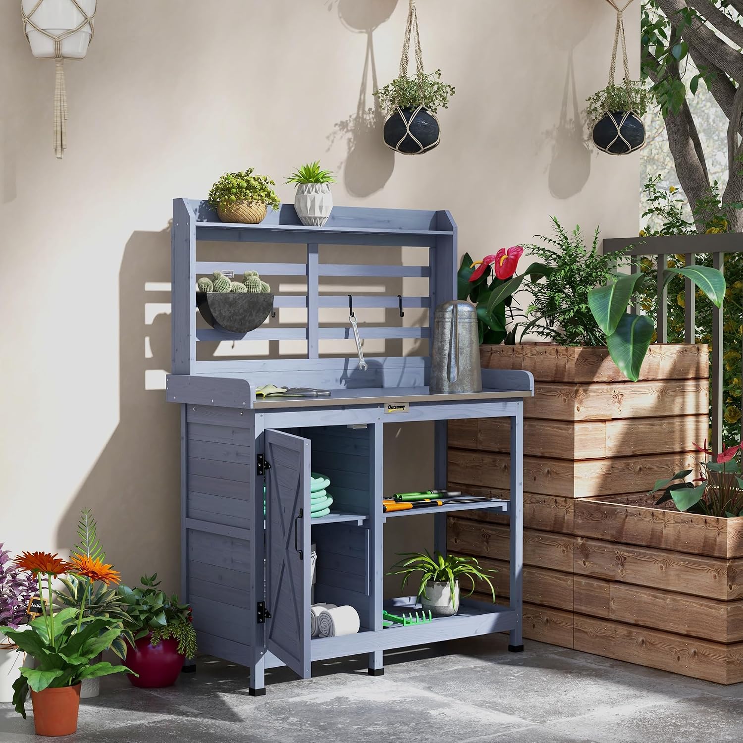 Outsunny Outdoor Wooden Potting Bench Table, Garden Workstation with Storage Cabinet, Storage Shelves for Backyard, Patio, Balcony, Gray