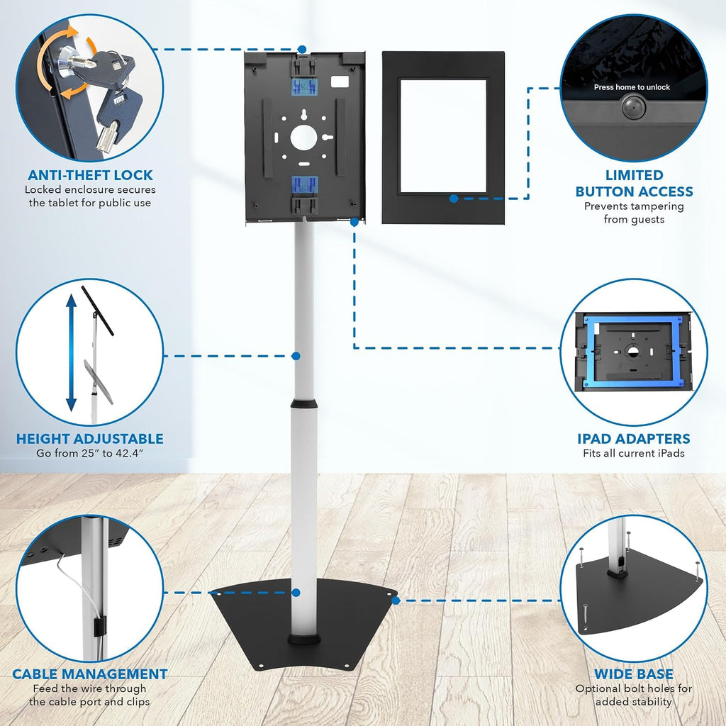 Mount-It! Anti-Theft iPad Floor Stand Kiosk, Height Adjustable 25'–42.5', Locking Enclosure with +/-90° Tilt, 75x75 VESA, Freestanding or Bolt-Down Steel Stand for Retail & Business