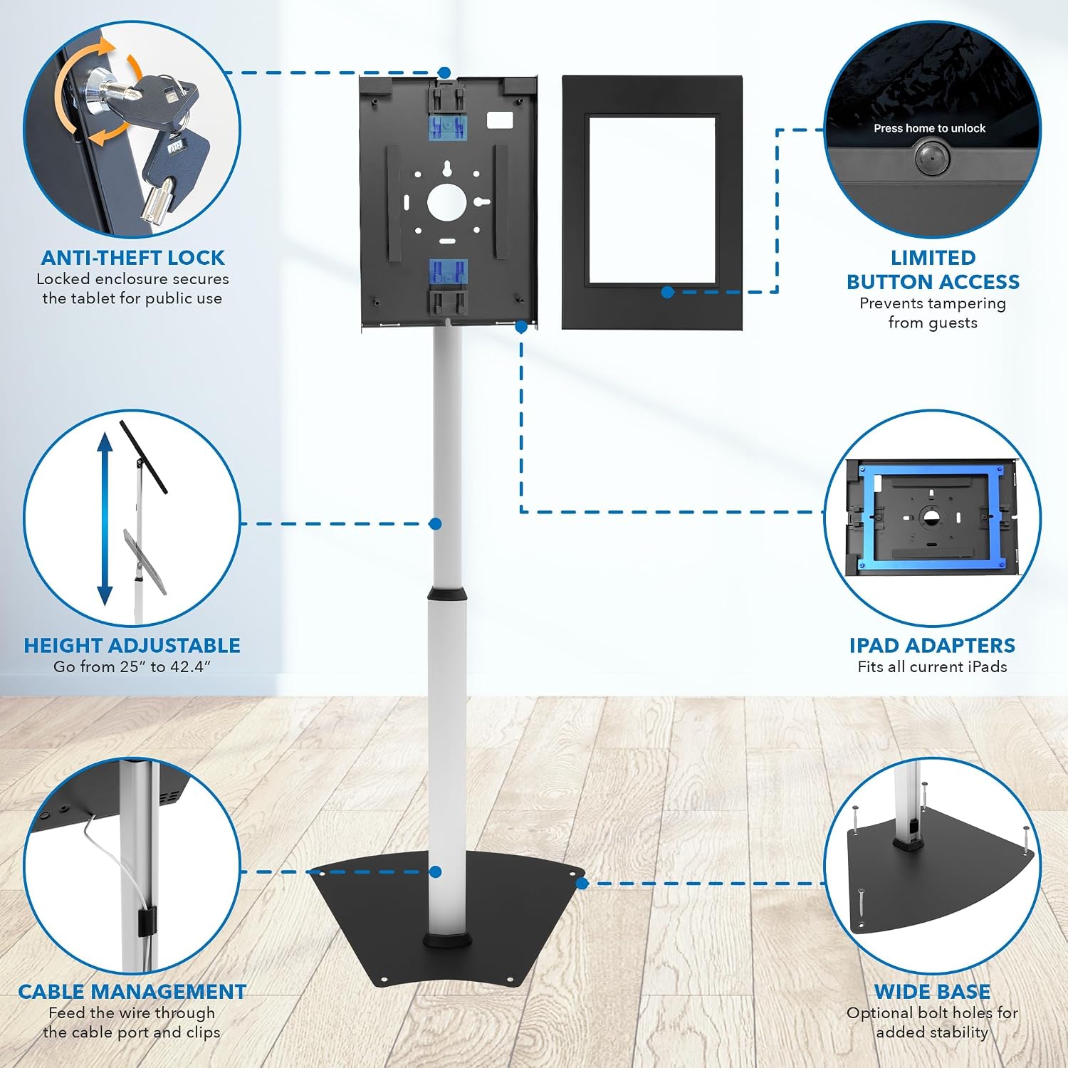 Mount-It! Anti-Theft iPad Floor Stand Kiosk, Height Adjustable 25'–42.5', Locking Enclosure with +/-90° Tilt, 75x75 VESA, Freestanding or Bolt-Down Steel Stand for Retail & Business