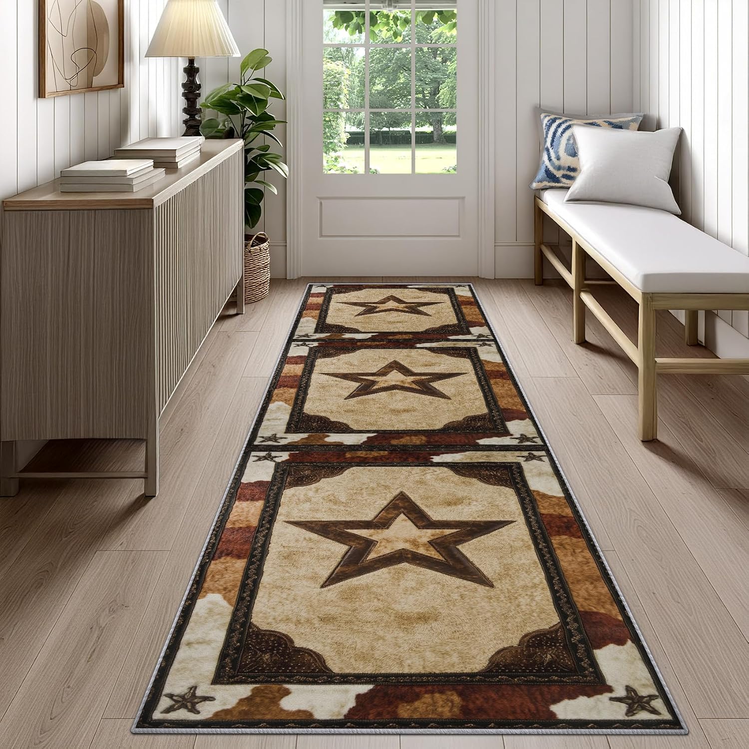 Texas Star Runner Rug for Hallway - 4x12 Washable Rug Runner Non Slip - Western Cowboy Kitchen Rugs - Rustic Farmhouse Cowhide Carpet Runners for Hallway, Laundry Room, Bedroom, Bathroom