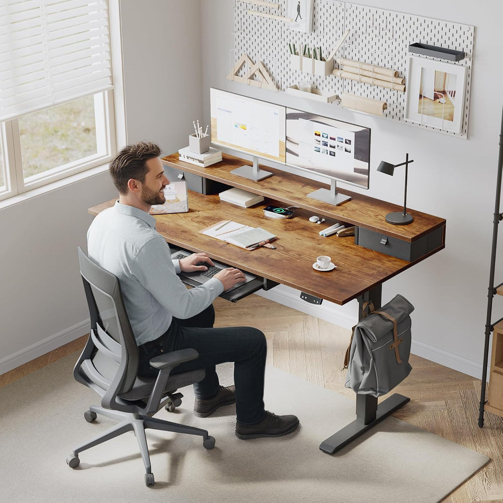 Klicelor 55 x 23.6 Inch Electric Standing Desk with Drawers, Adjustable Height Small Sit Stand Desk for Home Office, Compact Computer Workstation with Storage– Rustic Brown