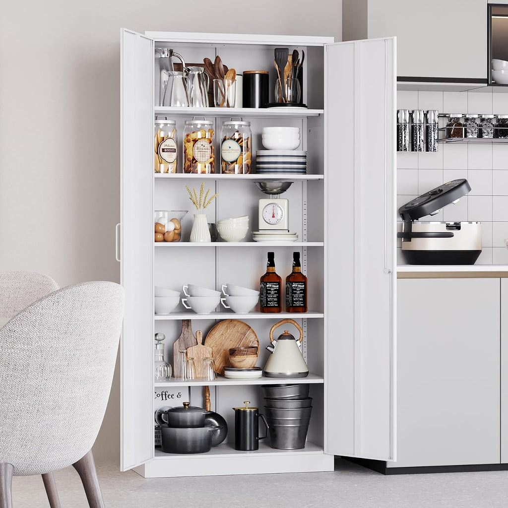 White Metal Storage Cabinet with 2 Doors and 6 Shelves,71' Tall Metal Cabinet with Lock,Lockable Garage Storage Cabinets,Locking File Cabinet,Steel Tool Cabinets for Home,Office,Garage,Shop