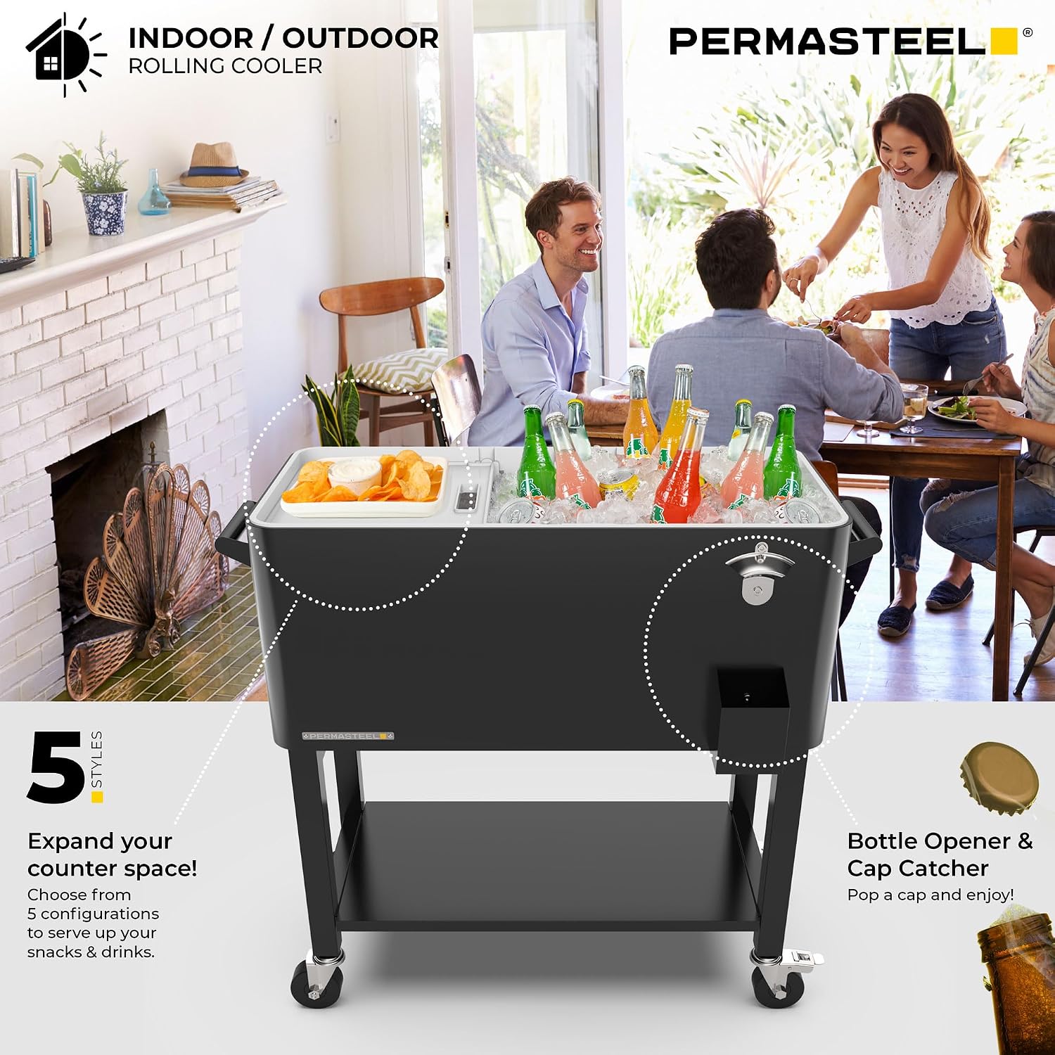 Permasteel Party Cooler with Divider, Removable Basin, Spacious 80-Qt Capacity, Chills 36hrs, Serving Tray, Rolling Ice Chest for Indoor & Outdoor