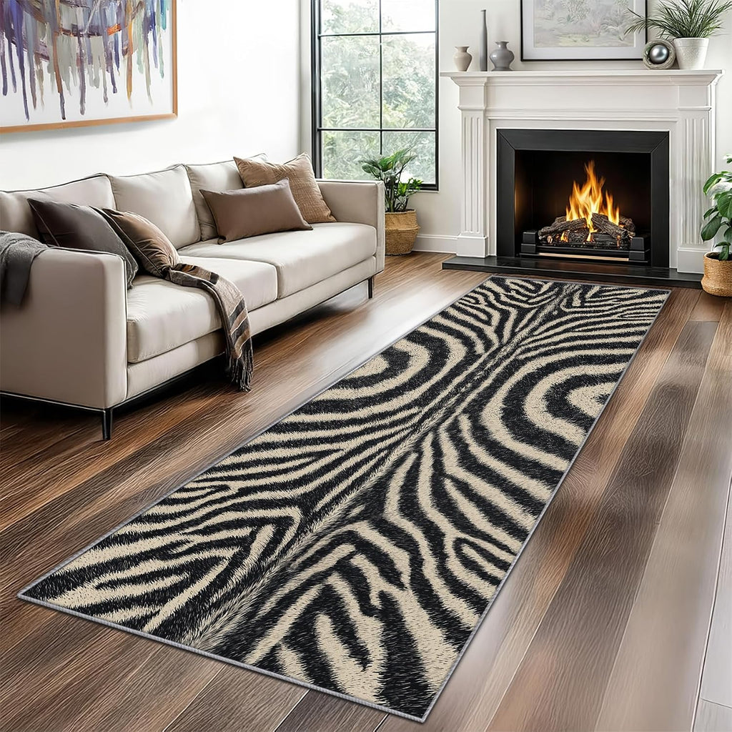 Zebra Print Rug Runner 4x12 - Washable Non Slip Runner Rug for Hallway - Zebra Skin Kitchen Rugs - Animal Print Wildlife Carpet Runners for Hallway, Laundry Room, Bedroom, Bathroom