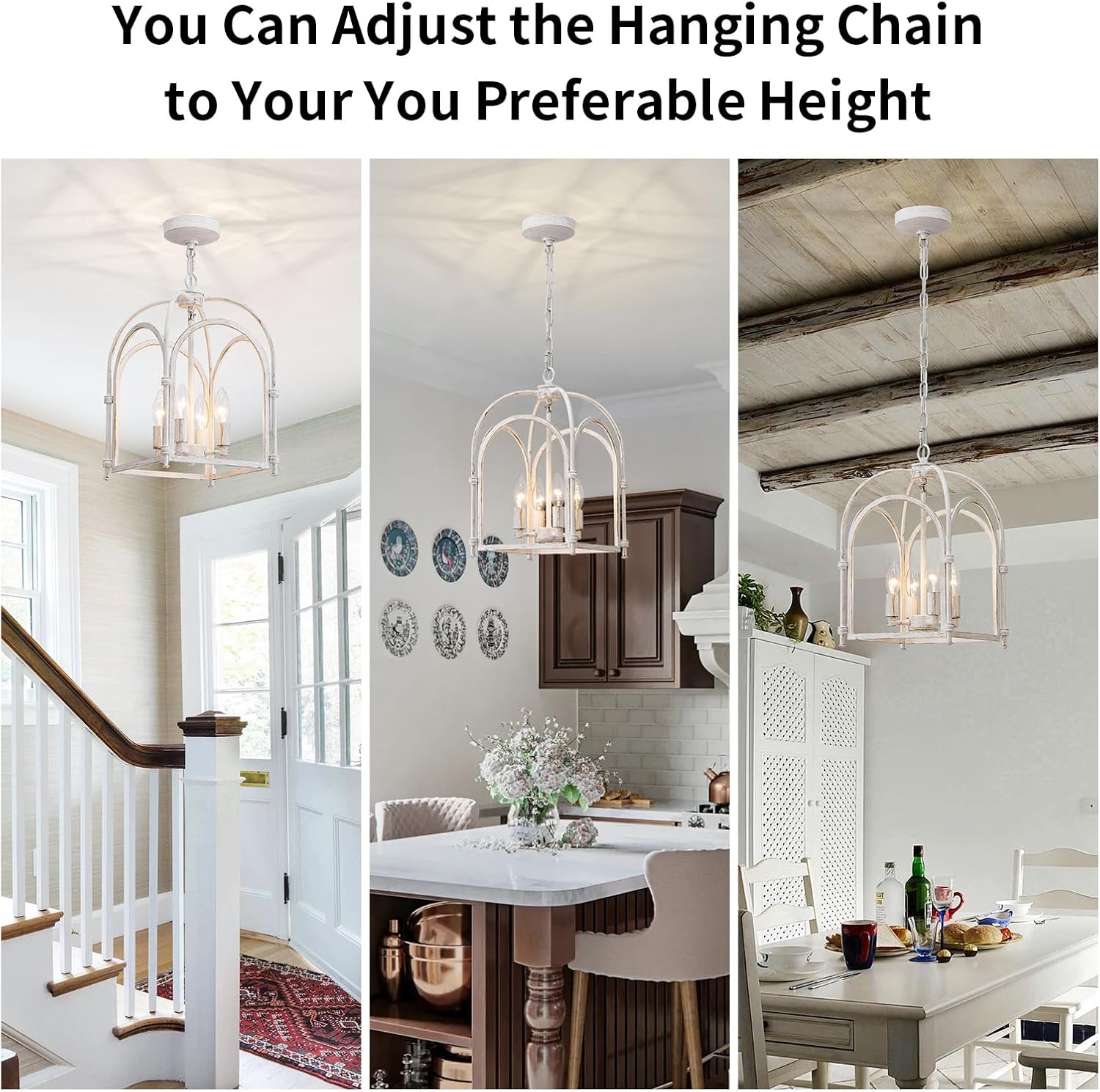 4-Light Chandeliers, Farmhouse White Chandelier for Dining Room Light Fixtures, Lantern Metal Kitchen Pendant Light Fixtures, Rustic Cage Chandelier for Bedroom Living Room Kitchen Island Hallway