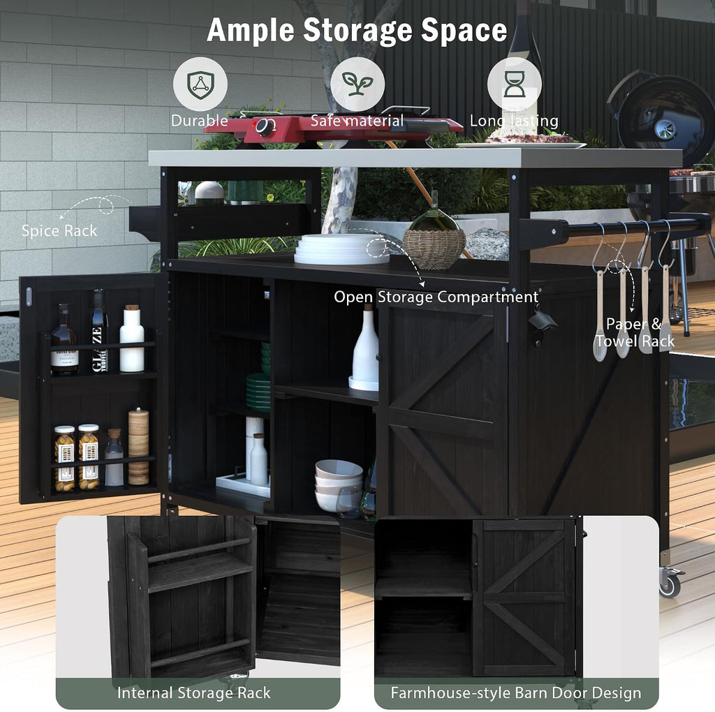 50.25 Outdoor Kitchen Island, Rolling Bar Cart & Storage Cabinet, Farmhouse Solid Wood Outdoor Grill Table with Stainless Steel Top, Spice Rack, Towel Rack for Kitchen & BBQ, Black