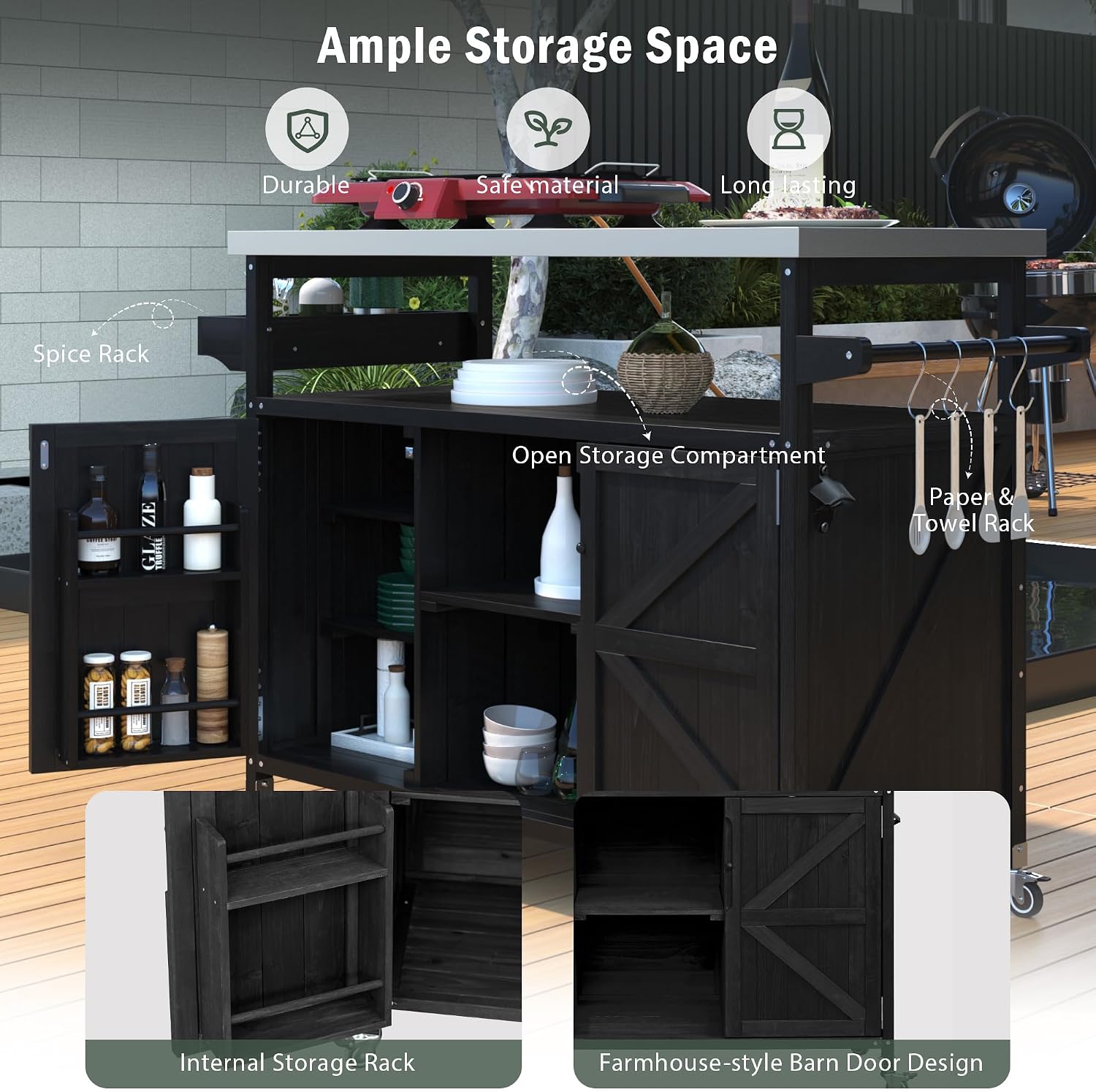 50.25 Outdoor Kitchen Island, Rolling Bar Cart & Storage Cabinet, Farmhouse Solid Wood Outdoor Grill Table with Stainless Steel Top, Spice Rack, Towel Rack for Kitchen & BBQ, Black