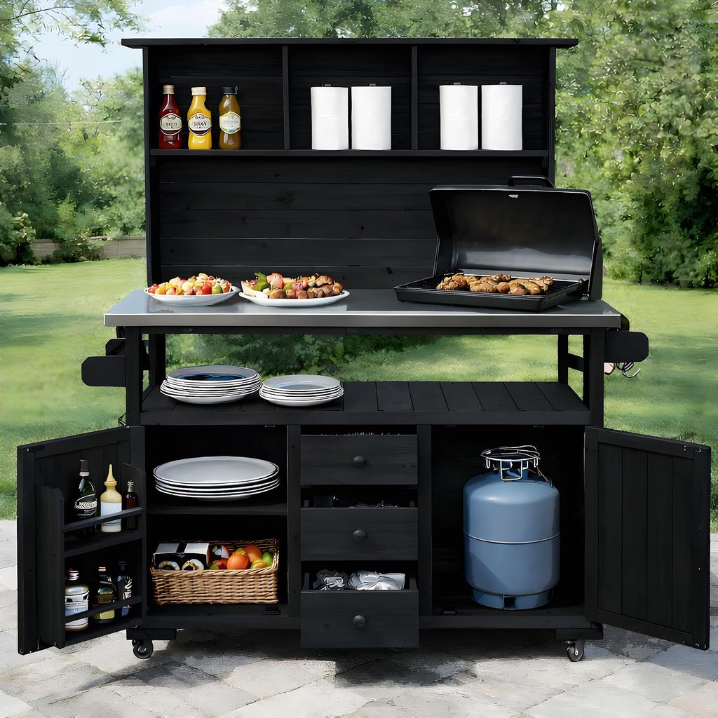 65''H Large Garden Potting Bench, Solid Fir Wood Outdoor Kitchen Island with Lockable Wheels, Stainless Steel top, Drawers, Shelf and Cabinets, Door Shelves and Hutch for Grilling (Black-113)