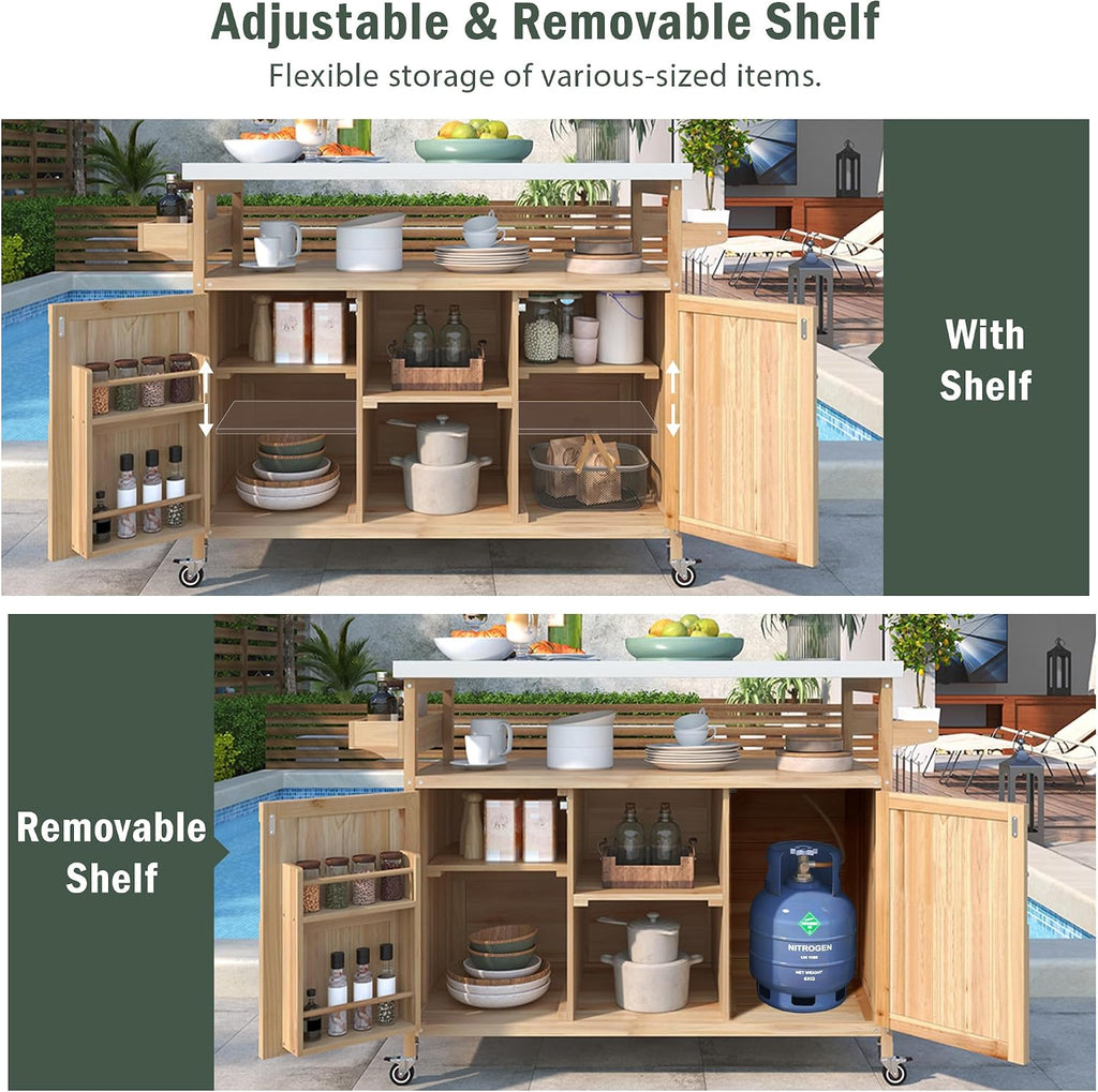 Outdoor Kitchen Island, Rolling Bar Cart & Storage Cabinet, Farmhouse Solid Wood Outdoor Grill Table with Stainless Steel Top, Spice Rack, Towel Rack for Kitchen & BBQ, Natural