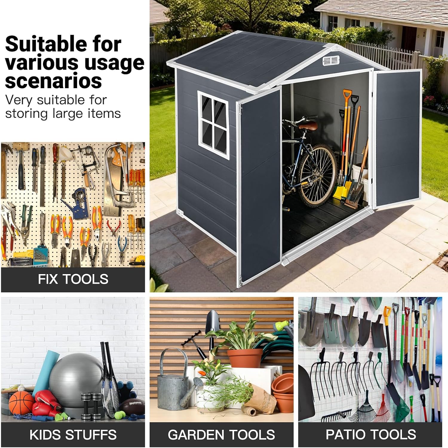 YOPTO 6x4 FT Storage Shed,Plastic Outdoor Storage Shed with Floor and Lockable Door,Waterproof Garden Shed W/Windows & Vents,Sloped Roof,Tool House for Storing Bicycles,Lawnmowers,Cold Grey