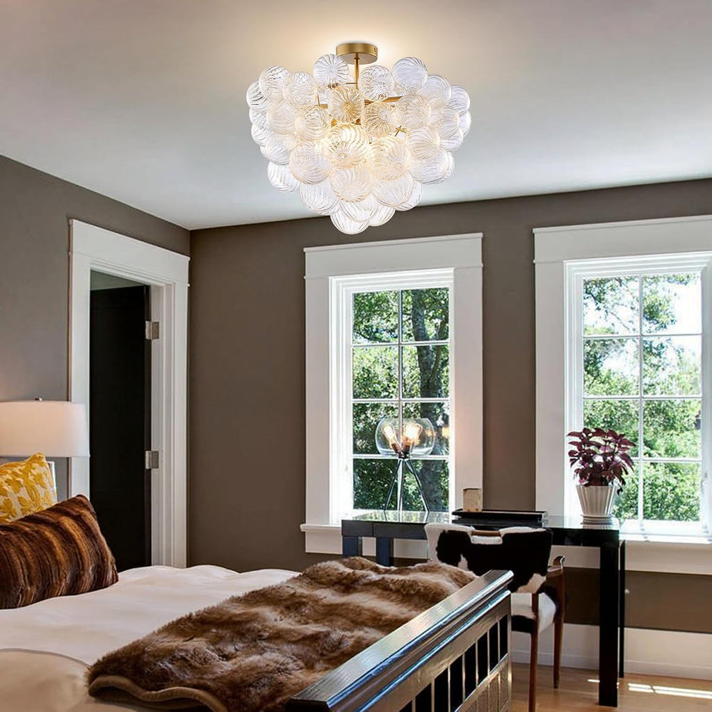 Longree Bubble Ball Semi Flush Ceiling Light Fixtures, Dia 20 inch Gold and Clear Blown Glass Small Swirled Glass Chandelier for Bedroom Study Bathroom Dining Room