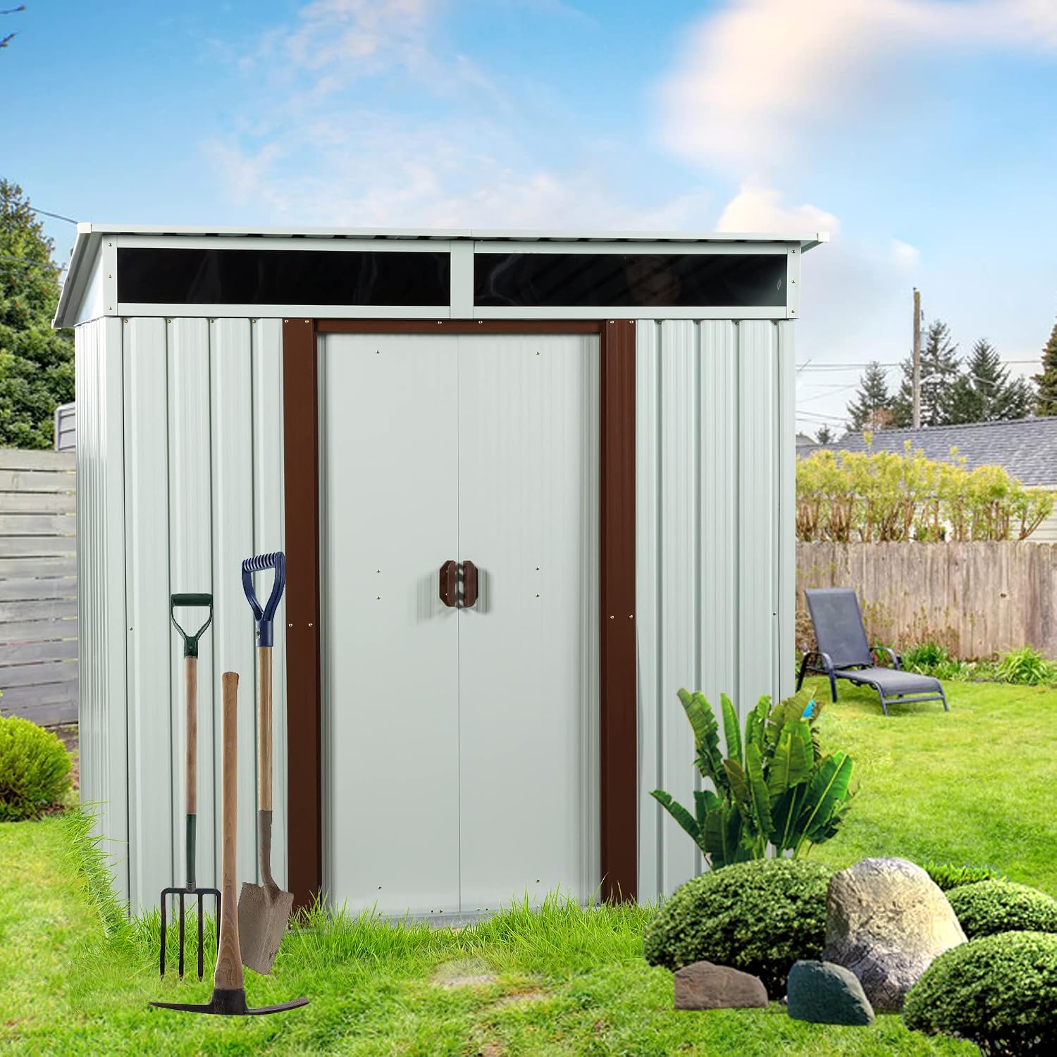 6 x 5 FT Outdoor Metal Storage Shed with Window and Punched Vents,Heavy Duty Storager House w/Sliding Doors & Padlock,Large Waterproof Tool Sheds for Garden,Backyard,Lawn,White