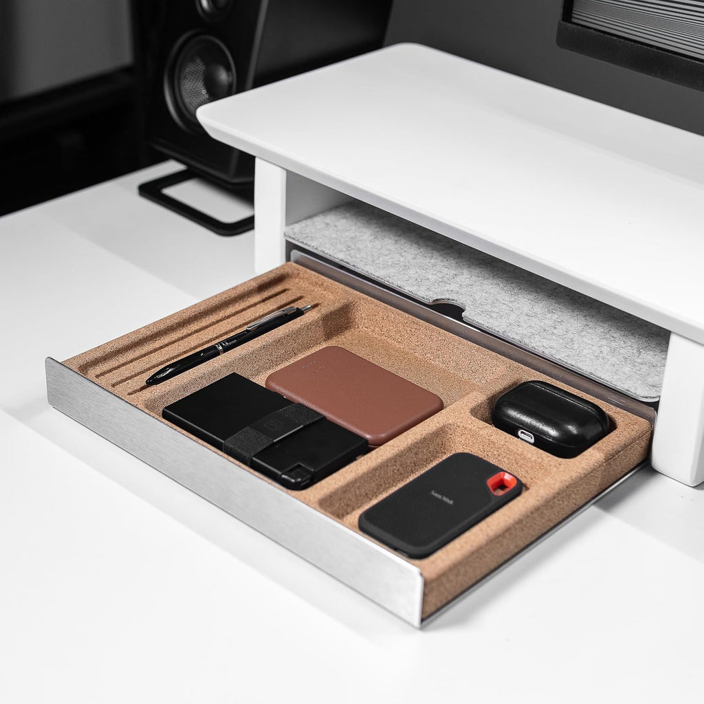 Desk Tray Organiser Drawer with Compartments Cork & Aluminium Catchall Valet Pen Tray for Cockpit Setup Desktop Storage Stationery Organizer (Light)