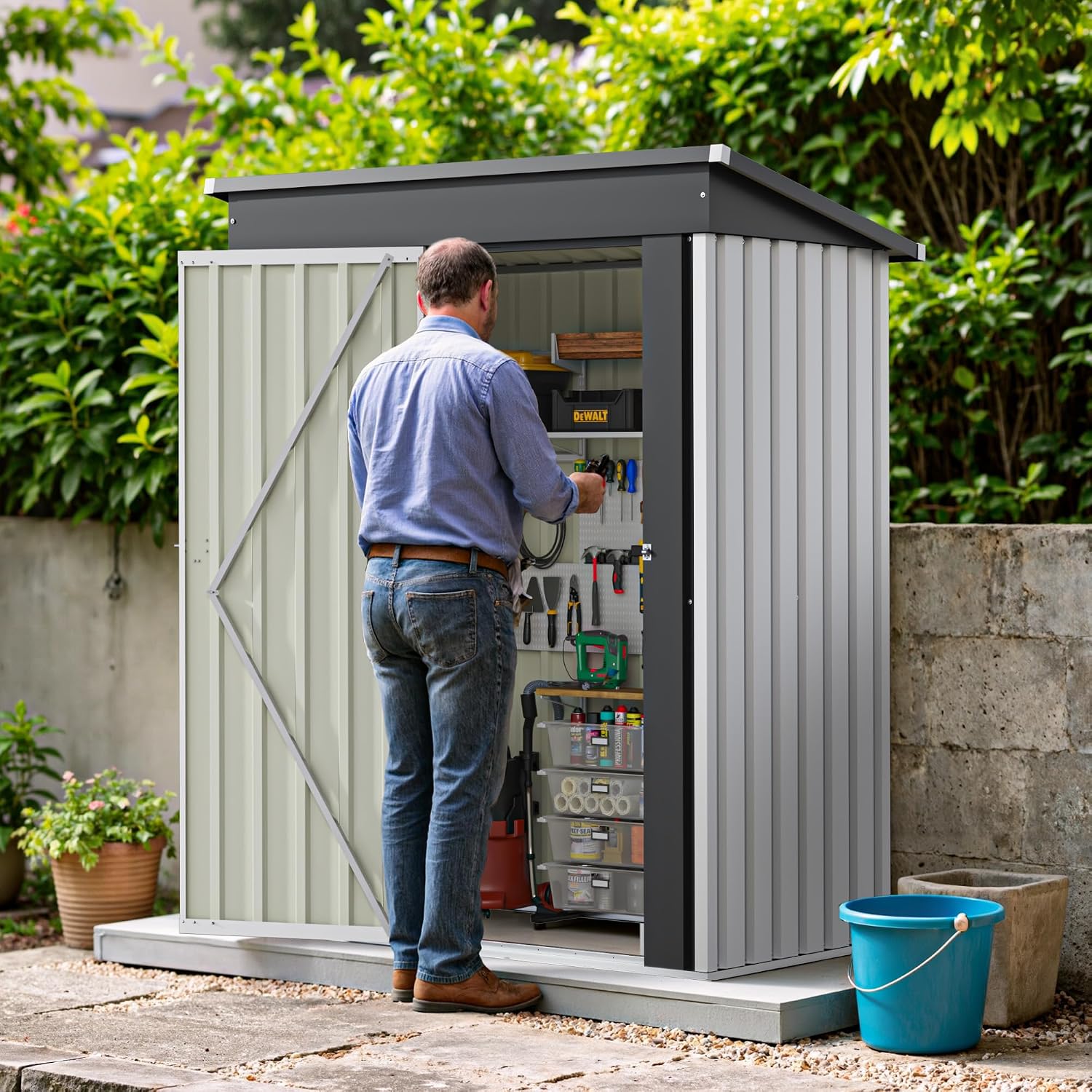 Greesum 5×3 FT Outdoor Storage Shed, Metal Storaged Sheds Without Floor, Tool Sheds with Lockable Doors and Sloping Roof for Garden, Patio, Backyard, White