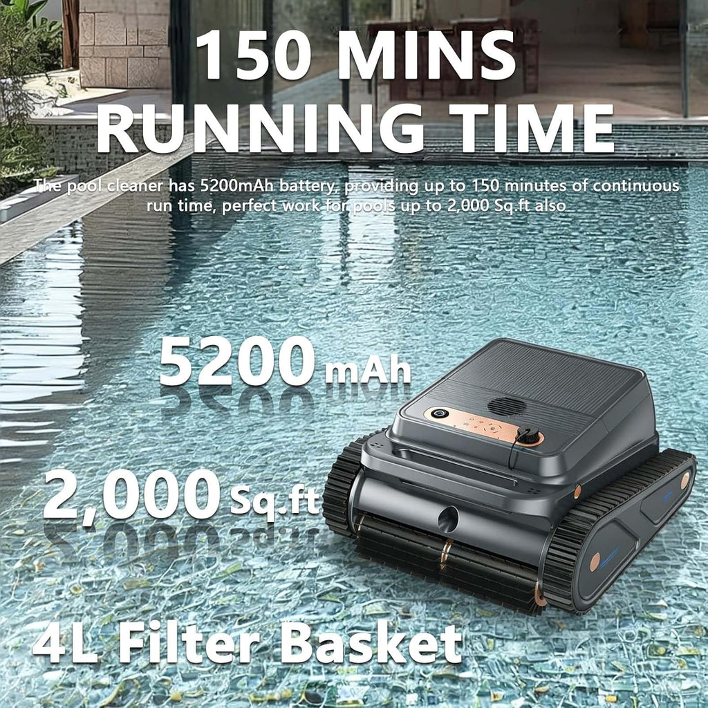 Pool Vacuum for Inground Pools up to 2,000 Sq.ft, Pool Cleaner Robot with 4 Modes for Wall/Floor/Waterline Cleaning, 150 Mins Runtine, Smart Navigation (Grey+Gold)