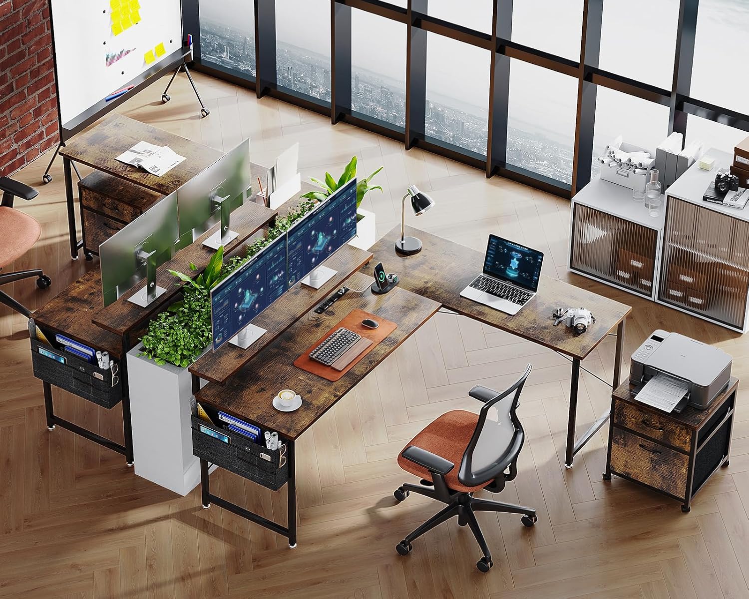 AODK 55' L Shaped Computer Desk, Office Desk with 2 Drawers File Cabinet, Power Outlet and Adjustable Monitor Stand, Reversible Corner Desk with Storage Bag, Vintage