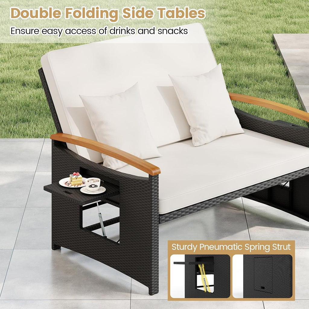 Tangkula Patio Rattan Daybed with 4-Level Adjustable Backrest, Outdoor Wicker Loveseat with Acacia Wood Armrest, Storage Ottoman & Folding Tray, Double Sunbed for Yard & Poolside (White & Black)