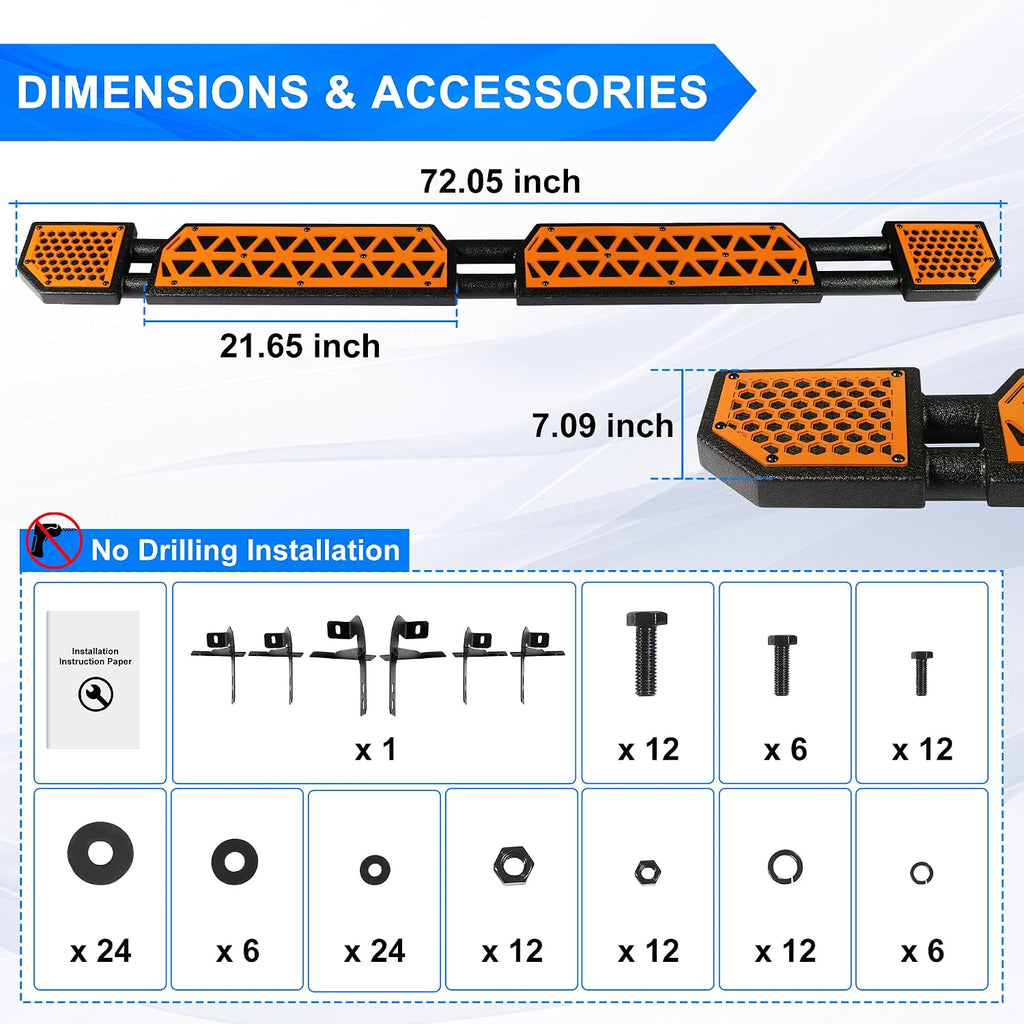 Orange Running Boards fit for Ford Bronco 4-Door 2021-2026 | (Excluding Bronco Sport), 7 inch non-slip rock rail side steps bars DIY painting orange panel stainless steel