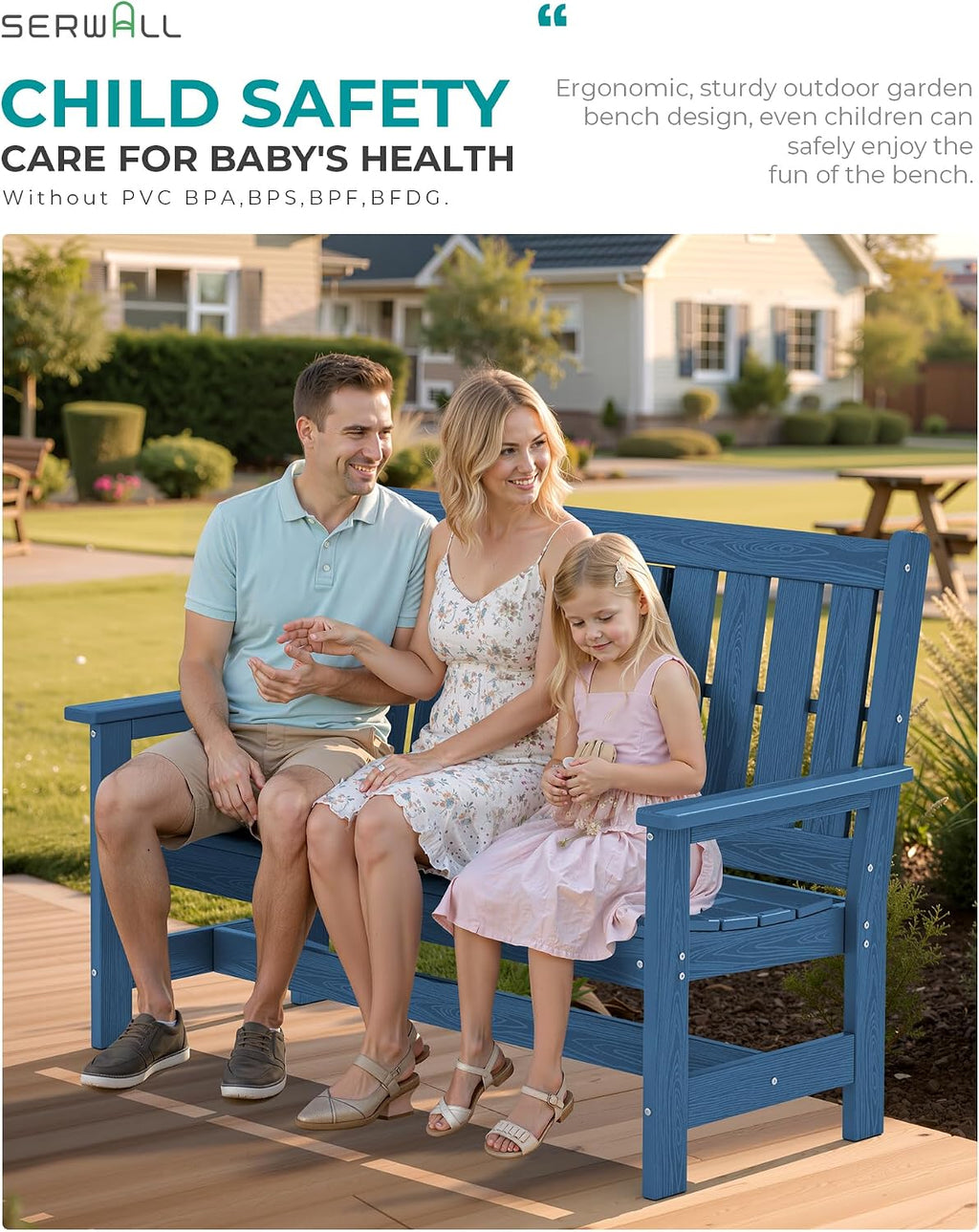 SERWALL Outdoor Bench with Cup Holder, 58' HDPE Front Porch Bench Suitable for 3 Person, All Weather Patio Benches with High Backrest and Wide Armrests for Garden, Park, Yard, Navy