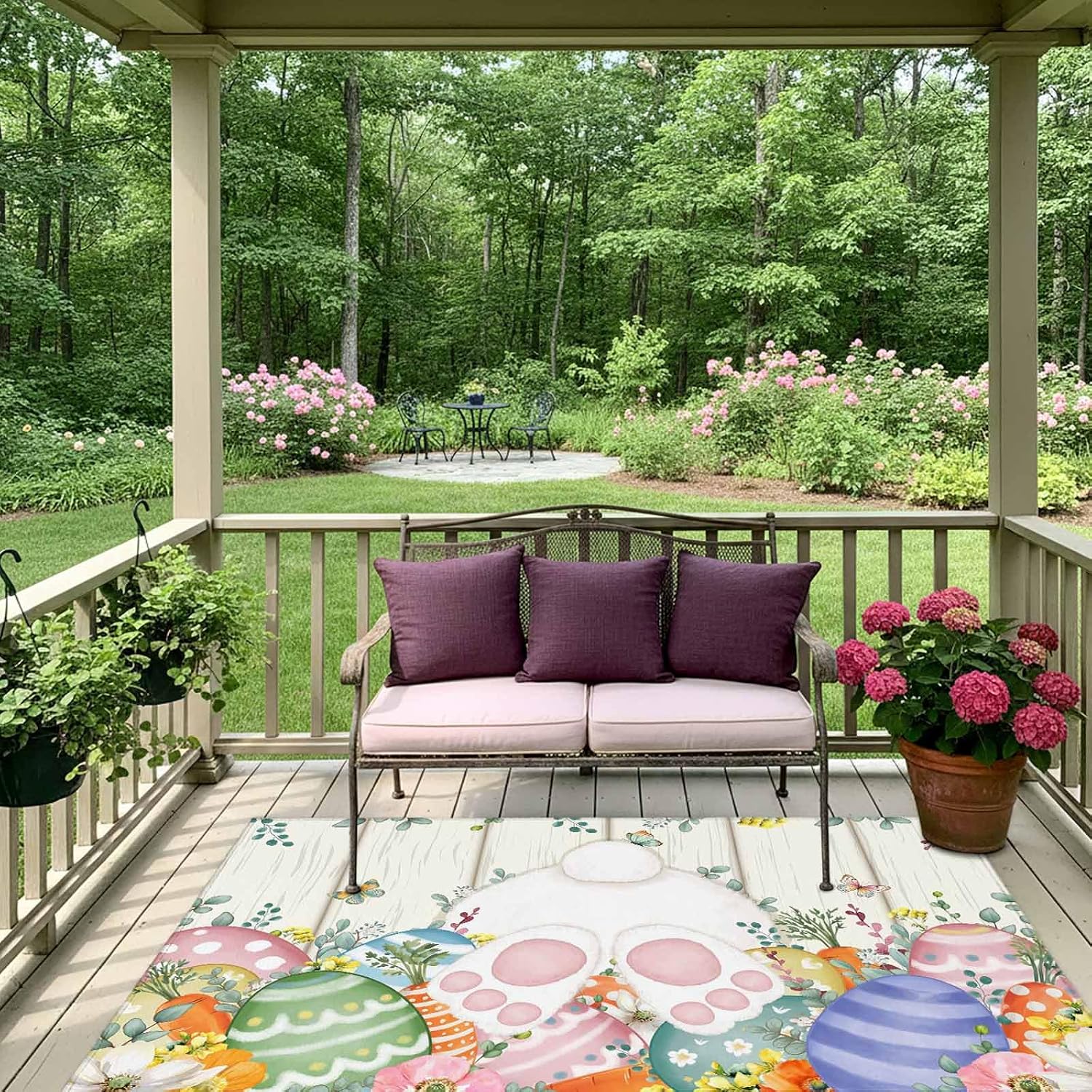 Easter Outdoor Rug for Patio/Deck/Porch, Non-Slip Large Area Rug 6 x 9 Ft, Spring Rabbit Ears Foot Colorful Eggs Leaf Floral Indoor Outdoor Rugs Washable Area Rugs, Camping Rug Carpet Runner