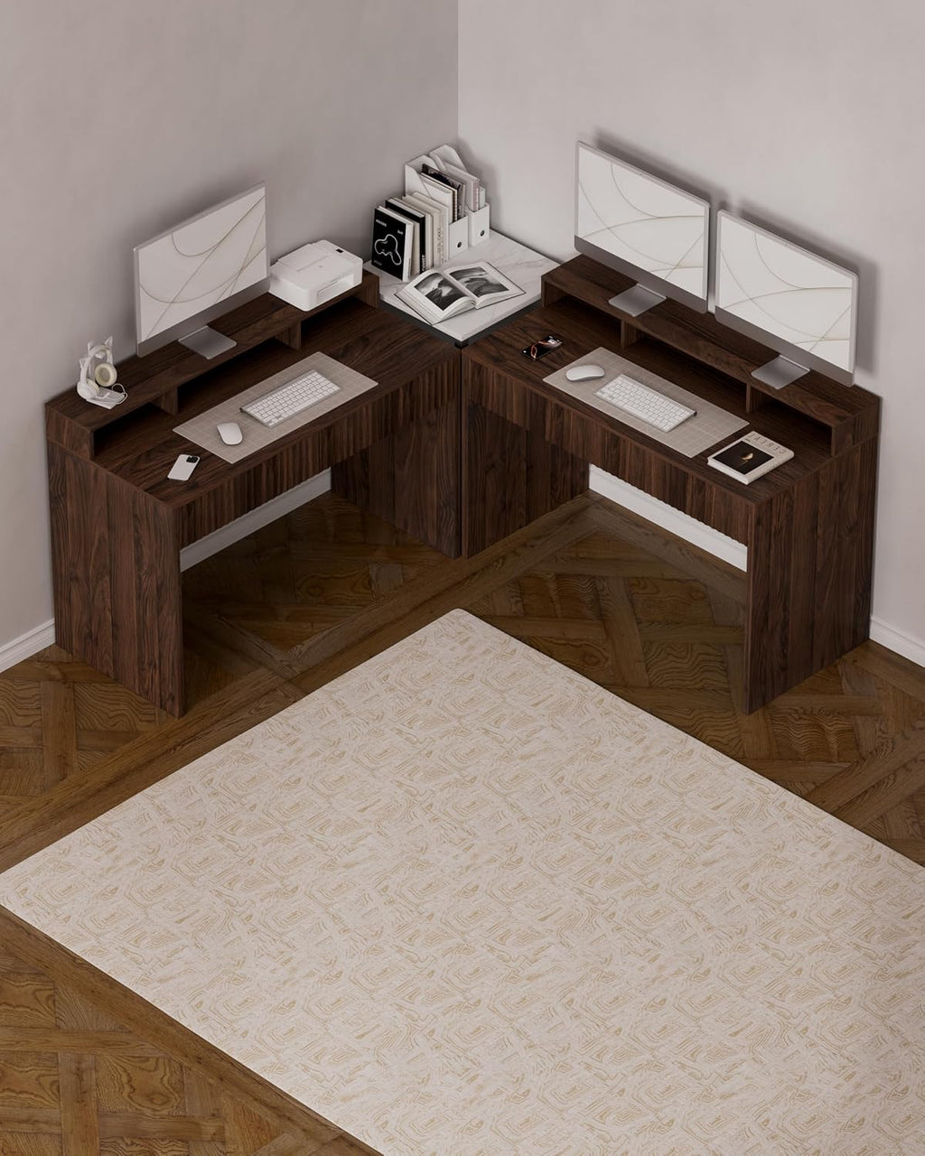 47' Executive Desk with Fluted Drawer, Modern Home Office Desk with Long Monitor Stand and 2 Drawers, Computer Writing Desk for Study Office Vanity, Brown