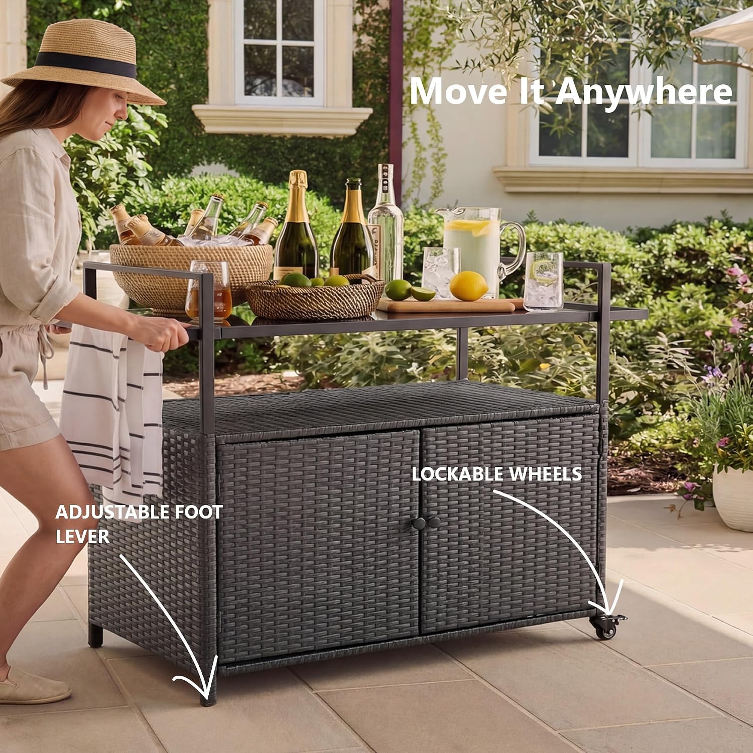 51.2' Wicker Outdoor Bar Cart - Black Patio Console Storage Table Buffet Cabinet Serving Kitchen Cart with Wheels for Outside Backyard