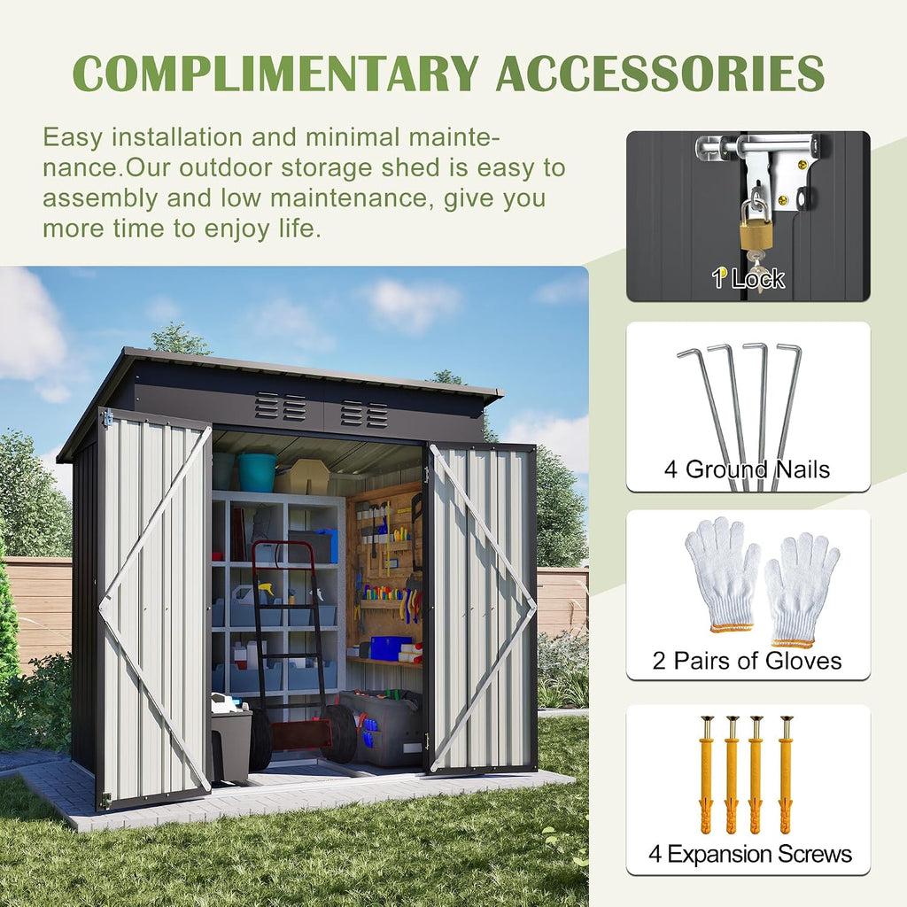CHUNLY 6 x 4 ft Outdoor Storage Shed with 2 Double Hinged Door & Floor Base, All Weather Tool Shed Outdoor Storage Lockable Garden Shed Storage Room for Garden Patio Backyard Lawn Black