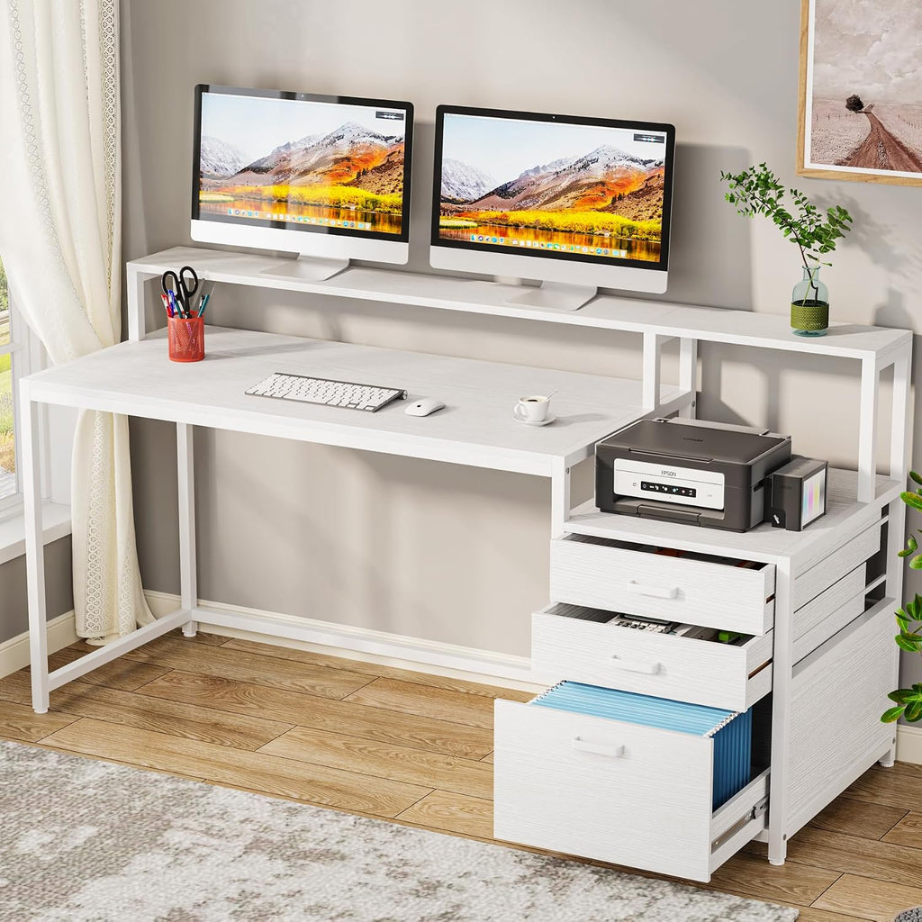 LITTLE TREE 63 Inch Computer Desk with File Drawer Cabinet, Home Office Desks with Ergonomic Monitor Stand