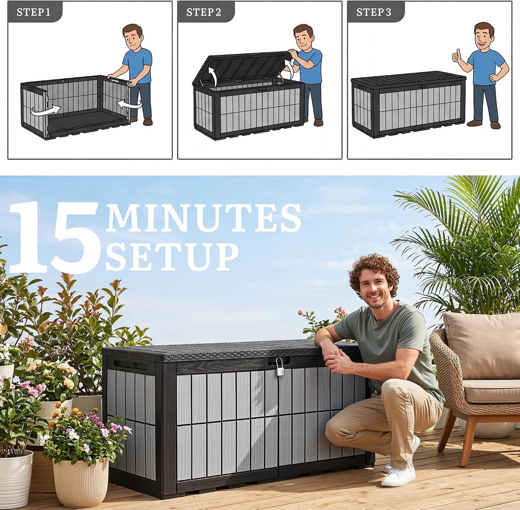 YITAHOME 134 Gallon Large Deck Box, Waterproof Resin Outdoor Storage Box with Lock, Doubles as Bench Seating for Patio Furniture Cushions,Garden Tools & Pool Accessories, Black & Wood-Grain Gray