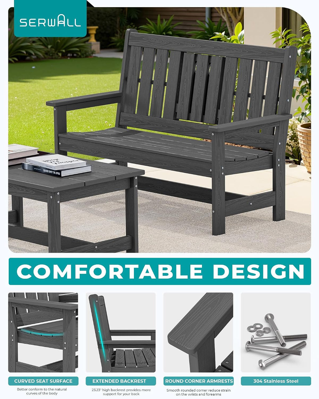 SERWALL Outdoor Bench with Cup Holder, 58' HDPE Garden Park Bench Suitable for 3 Person, All Weather Patio Benches with High Backrest and Wide Armrests for Garden, Park, Yard, Front Porch, Grey