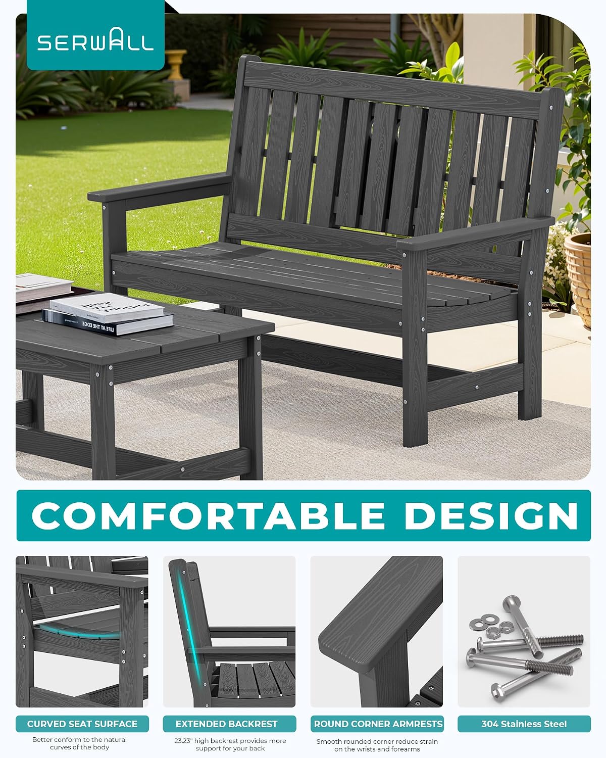 SERWALL Outdoor Bench with Cup Holder, 58' HDPE Garden Park Bench Suitable for 3 Person, All Weather Patio Benches with High Backrest and Wide Armrests for Garden, Park, Yard, Front Porch, Grey