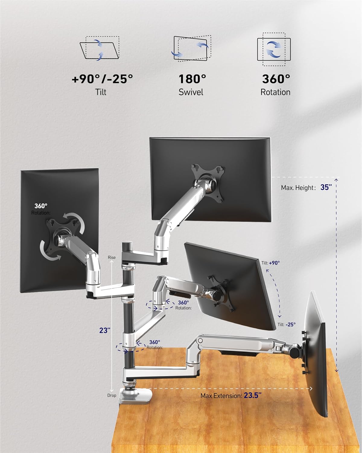 Heavy Duty Quad Monitor Mount Desk Stand, Mechanical Spring 4 Monitor Arm Fits Four 13-40 Inch Screens up to 25 lbs Each, Fully Motion VESA Mount Base (C-Clamp/Grommet), Premium Aluminum, Silver