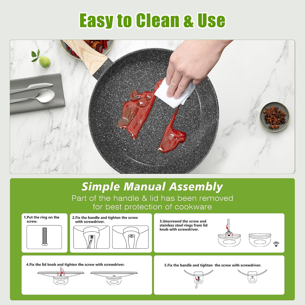 VOTTGO 31 Pcs Pots and Pans Set Non Stick, Black Granite Induction Cookware Set, Non Toxic Healthy RV Kitchen Cooking Set with Silicone Tools and Pot Protectors, PFOA PFOS PFAS Free
