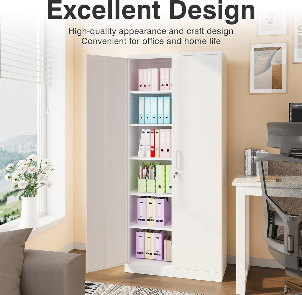 White Metal Storage Cabinet with 2 Doors and 6 Shelves,71' Tall Metal Cabinet with Lock,Lockable Garage Storage Cabinets,Locking File Cabinet,Steel Tool Cabinets for Home,Office,Garage,Shop